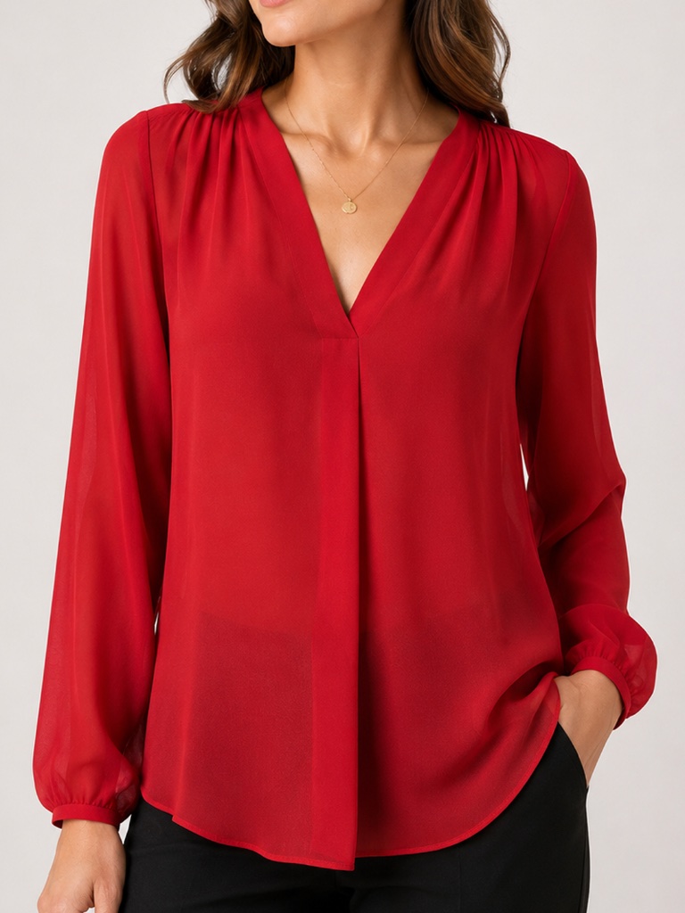 Rose & Olive Red V-Neck Long Sleeve Blouse
